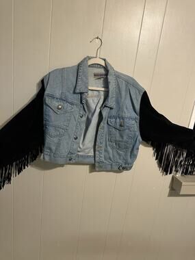 D'MODE CLASSIX Women’s Vintage Denim & Suede Fringe Cropped Jacket S